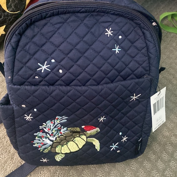 Vera Bradley Handbags - 🆕Vera Bradley Cotton Quilted Small Backpack Bag Holiday “Santa Turtle” Navy